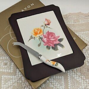 Vintage Avon Cheese Board with Serving Knife - Rose Motif on Ceramic Tile